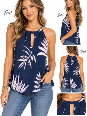 Violet & Claire Navy Floral Halter Camisole with Pink Leaf Print Medium